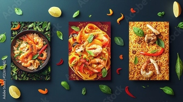 Fototapeta Three Asian cuisine dishes, shrimp, pasta, and noodles,  on dark background with herbs, lemon, and chilies, flat lay food styling
