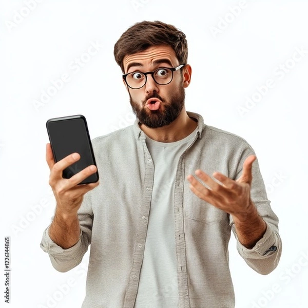 Fototapeta A confused young man with a beard glares at his phone, raising his palm in a questioning gesture, while pointing at his clothes as if puzzled by the message.