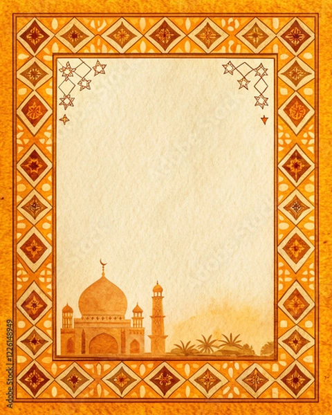 Fototapeta Geometric Border Pattern with Paper Texture and Sunset Glow Palette