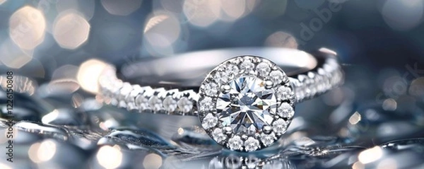 Obraz Engagement ring with large center diamond surrounded by smaller diamonds on a reflective surface with water droplets