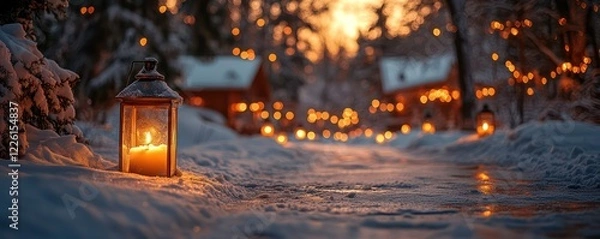 Fototapeta Winter Wonderland: Enchanting Lantern Light in Snowy Path