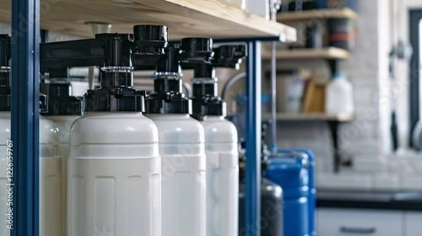 Fototapeta Reverse osmosis system with several filters purifying water in a modern kitchen