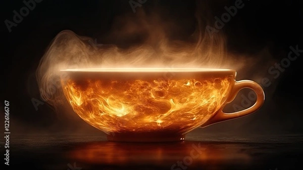 Fototapeta A steaming cup of coffee with a latte art design, symbolizing warmth and comfort. #LatteArt #Comfort #Warmth -