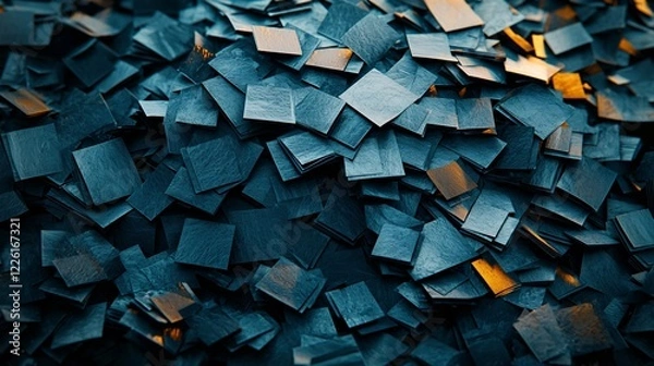 Fototapeta Pile Of Scattered Blue Rectangular Pieces With Gold Highlights Abstract Arrangement.