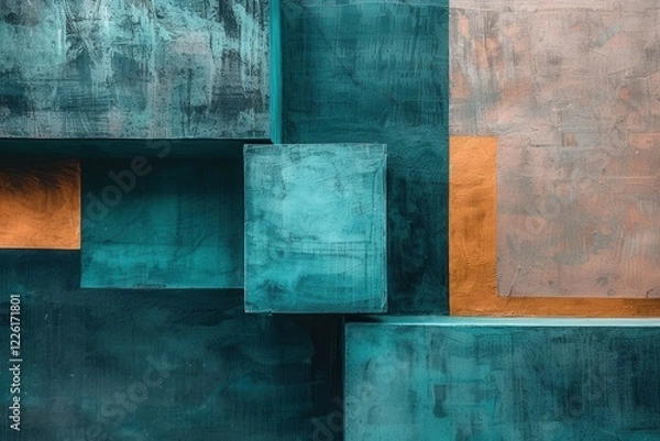 Fototapeta Minimalist abstract art. Teal and burnt sienna blocks contrast dynamically creating a balanced image. Textured surfaces add depth.  A visual feast of color and form.