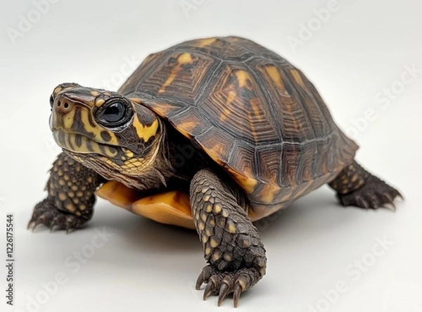 Fototapeta Captivating close-up of a majestic turtle showcasing intricate shell patterns and vibrant colors against a soft white background