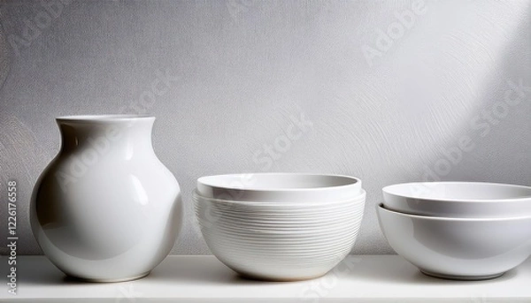 Fototapeta Minimalist White Texture Background with Striking Arrangement of Porcelain Ware Vase, Bowl, and Plate, Evoking a Sophisticated and Clean Aesthetic.