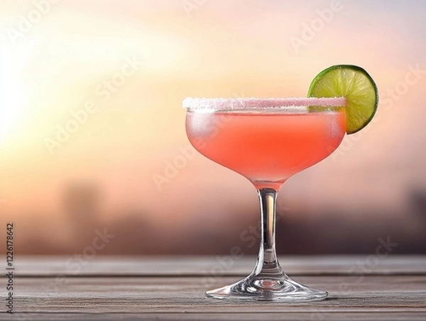 Fototapeta Refreshing Cosmopolitan Cocktail with Twist of Lime and Sugar Rim