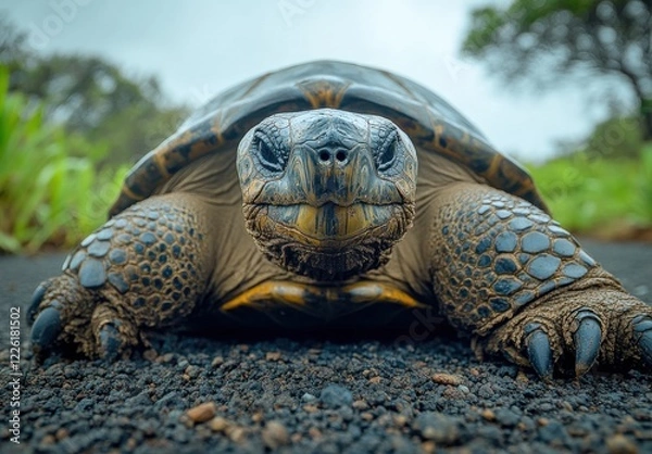 Fototapeta Close-Up of a Majestic Tortoise on a Path Surrounded by Lush Greenery with a Soft Focus Background and an Intense Expression on Its Face