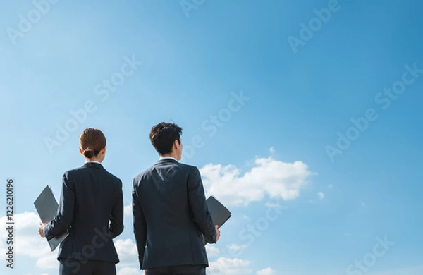 Obraz 就活中の日本人男女｜ビジネスパーソン｜後ろ姿｜青空