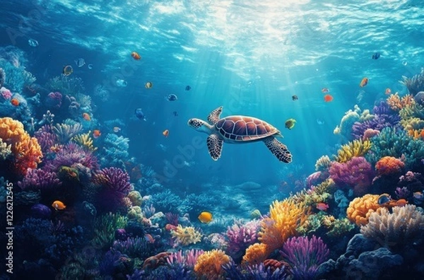 Fototapeta Majestic Sea Turtle Swimming Gracefully Through Vibrant Coral Reef Teeming with Colorful Fish Under Shimmering Ocean Sunlight