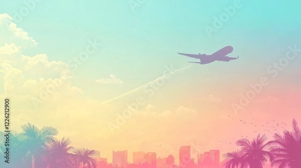Fototapeta 34.A vibrant vector image of an airplane gliding through the sky, with the background gradually opening up to reveal a tropical landscape or a cityscape below. The airplane leaves a soft trail behind