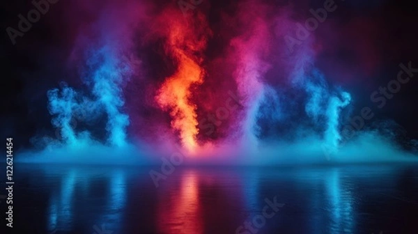 Fototapeta Red and blue smoke illuminated on dark reflective floor.