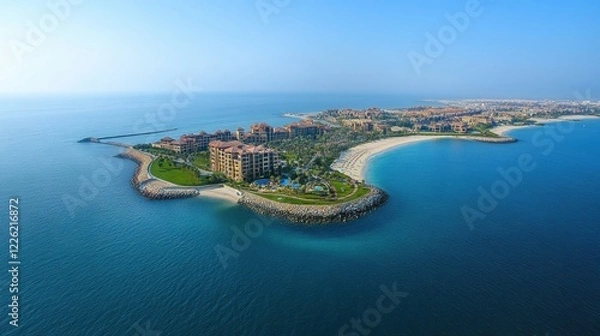 Obraz View of Dubai Palm Jumeirah Island showcasing luxurious resorts and serene coastal beauty