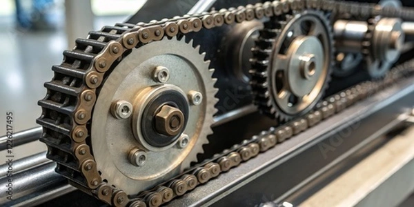 Obraz Detailed look at metal gears and chains in an industrial machinery setting focused on precision engineering