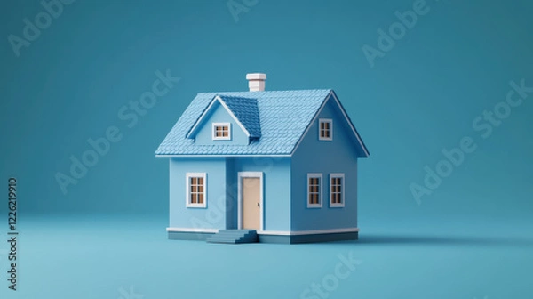 Fototapeta tiny blue house with chimney and steps, set against solid background, evokes sense of charm and simplicity