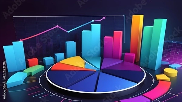 Fototapeta Vibrant 3D infographic depicting a rising growth trend with bar charts, pie chart, and various data visualizations in a futuristic, dark setting.