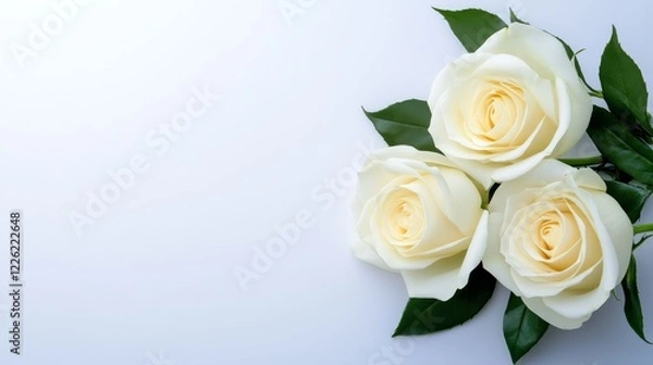 Fototapeta Three elegant white roses with soft yellow centers arranged on a light background, evoking tranquility