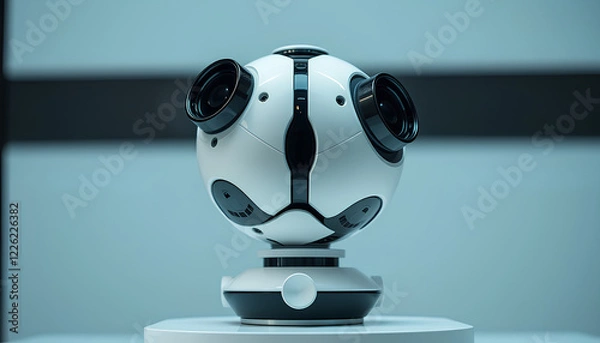Obraz A spherical robot with camera-like sensors and a rotating base, futuristic design, displayed on a white surface