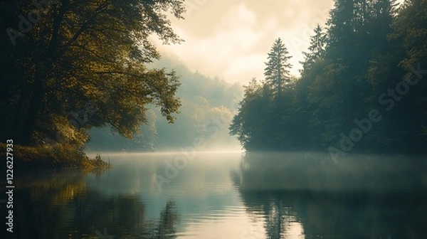 Fototapeta Tranquil Misty Lake in Forest with Reflection and Soft Morning Light : Generative AI
