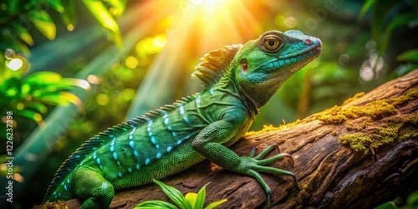 Fototapeta Aerial Jungle Basilisk Lizard Photography: Stunning High-Angle View of Reptile on Tree Trunk