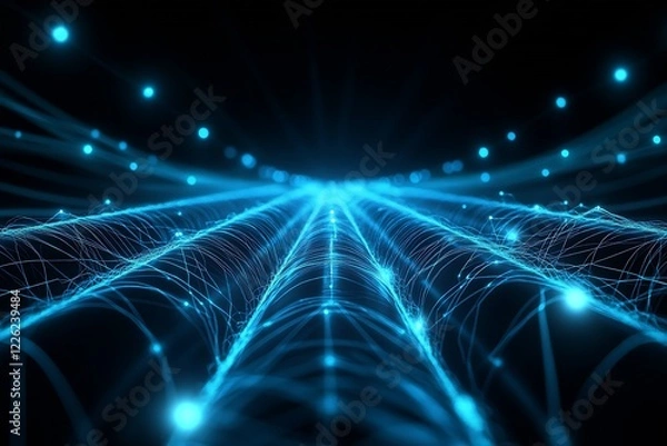 Fototapeta Futuristic Digital Wave Network with Glowing Blue Nodes on Black Background : Generative AI