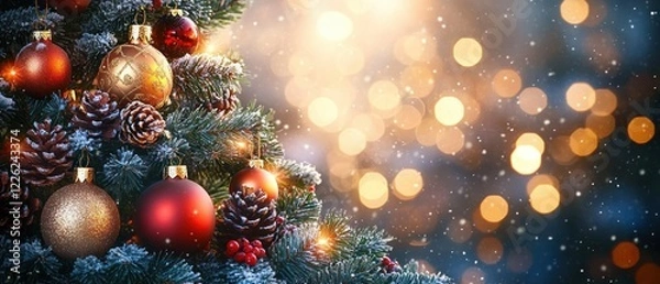 Fototapeta Christmas Tree Decorations with Colorful Ornaments and Blurry Lights