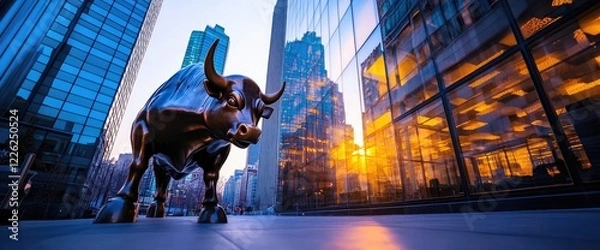 Fototapeta Bronze bull statue, urban backdrop, sunset glow, financial district