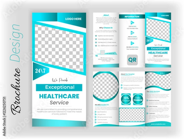 Fototapeta Corporate healthcare and medical trifold brochure, cover, and back page A4 design template with customizable photo background.