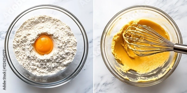 Fototapeta Mixing Ingredients for Baking with Flour Egg and Whisk in Glass Bowls on Marble Surface : Generative AI