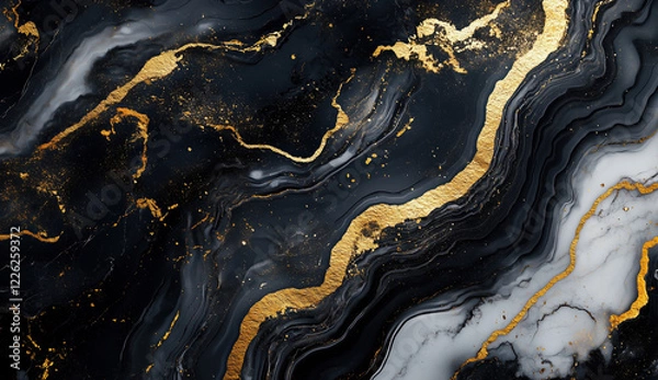 Fototapeta Black and gold abstract marble texture with swirling patterns, featuring prominent gold veins and speckles against a dark background, Generative AI