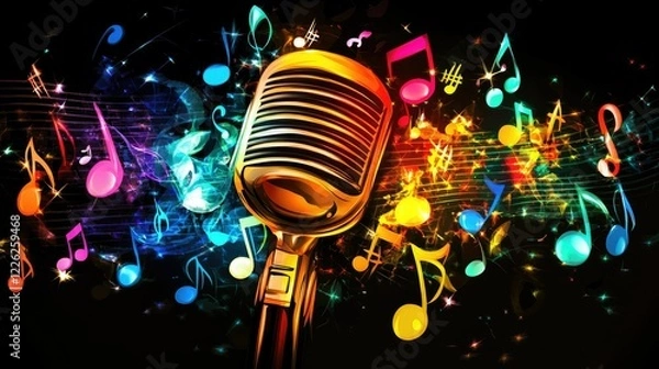 Fototapeta Bright, glowing lights and colorful musical notes surround a vintage microphone, bringing life to a musical stage scene.