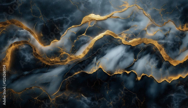 Fototapeta A dark marble texture featuring swirling patterns of deep gray and black, interspersed with vibrant gold veins that create a striking contrast. Generative AI