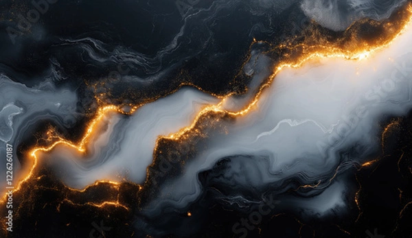 Fototapeta Abstract design featuring swirling marble of black, white, and gray with glowing golden lines interspersed throughout, creating a dynamic and fluid appearance. Generative AI