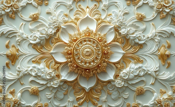 Fototapeta Intricate floral design featuring a central circular motif surrounded by layered petals and ornamental details in gold and white. Generative AI