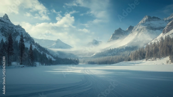 Fototapeta Snow-covered landscape with mountains in the background, scattered trees, and a clear blue sky with fluffy white clouds. Generative AI