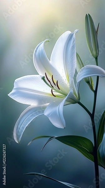 Fototapeta A single white lily framed elegantly in soft light A single white lily framed gracefully in soft, radiant light Elegant white lily illuminated by a gentle, glowing backdrop