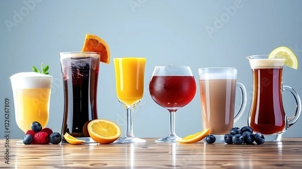 Obraz Drinks: Coffee cups, wine glasses, smoothies or water bottles, png style without background