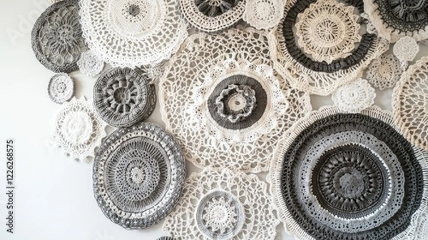 Fototapeta White and Grey Crochet Doilies on White Background