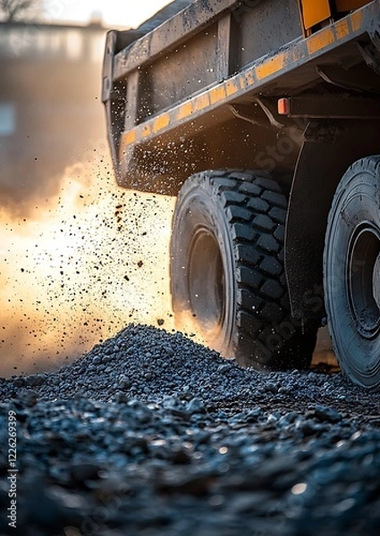 Fototapeta A dynamic shot of a dump truck unloading gravel at a construction site, with sunlight illuminating the dust and debris in the air