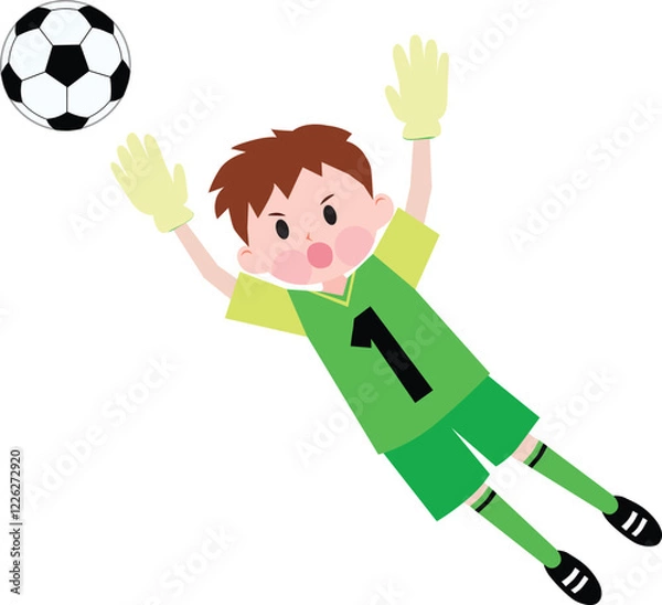 Fototapeta A boy playing soccer wearing green jerseys. Goalkeeper. Jumping. Vector illustration