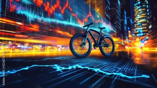 Fototapeta A bicycle stands against a backdrop of abstract data visualizations and city lights at night