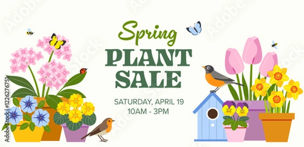Obraz Vector template of spring plant events, sales, markets, festivals or parties with garden flowers in pots, Robin bird, bees, and butterflies. 