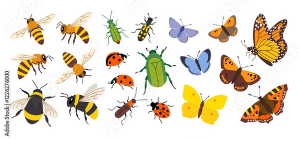Obraz Vector set of insects and pollinators, honey bees, bumblebees, butterflies and beetles isolated on white background