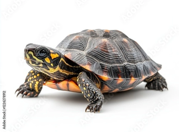 Fototapeta Close-up of a Colorful Tortoise Posing on a White Background with Unique Shell Patterns and Details Perfect for Wildlife and Nature Enthusiasts