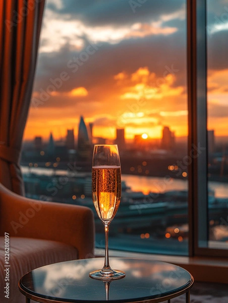 Obraz A glass of sparkling wine in the foreground adds elegance to a cozy lifestyle moment, with a stunning sunset visible through a picturesque window in the background and setting sun 