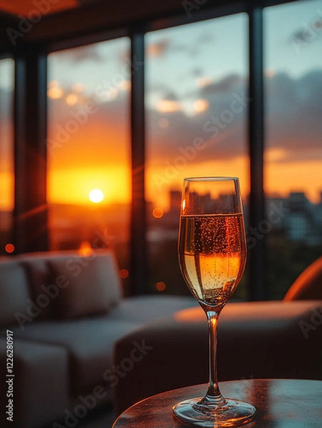 Obraz A glass of sparkling wine in the foreground adds elegance to a cozy lifestyle moment, with a stunning sunset visible through a picturesque window in the background and setting sun 