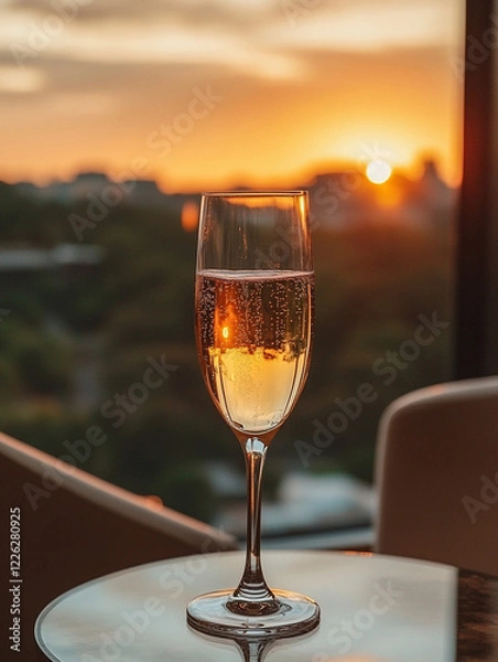 Fototapeta A glass of sparkling wine in the foreground adds elegance to a cozy lifestyle moment, with a stunning sunset visible through a picturesque window in the background and setting sun 
