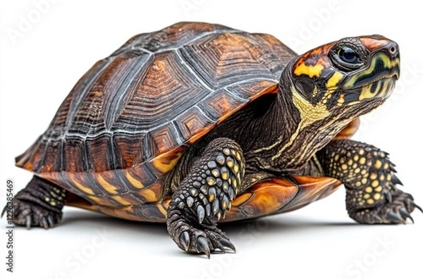 Fototapeta Detailed Close-Up of Colorful Turtle with Intricate Shell Patterns Against Plain Background, Showcasing Nature's Beauty and Wildlife Diversity