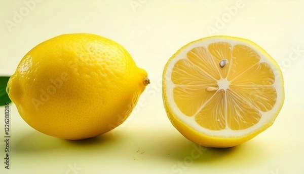 Fototapeta One whole lemon and one half lemon on a yellow background.